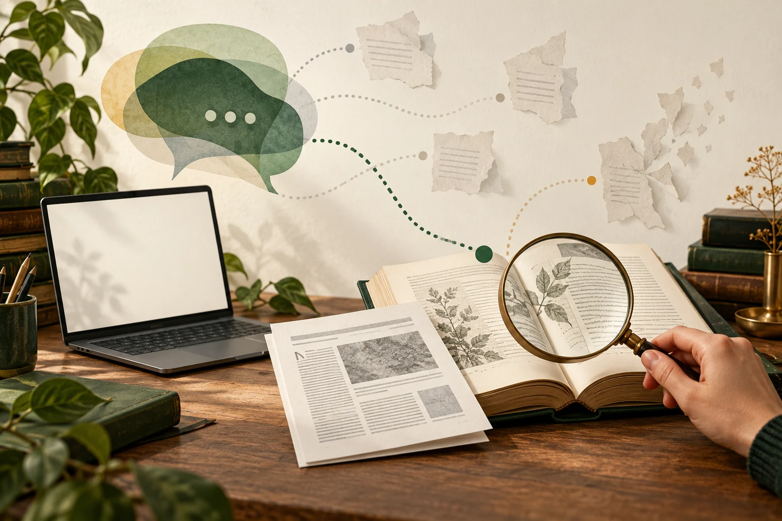 An abstract conversation leads through paper fragments to a scholarly source under a magnifying glass.