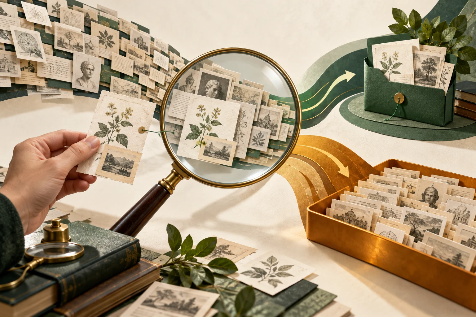 A magnifying glass routes candidate records into an unresolved tray and an official-source folder.
