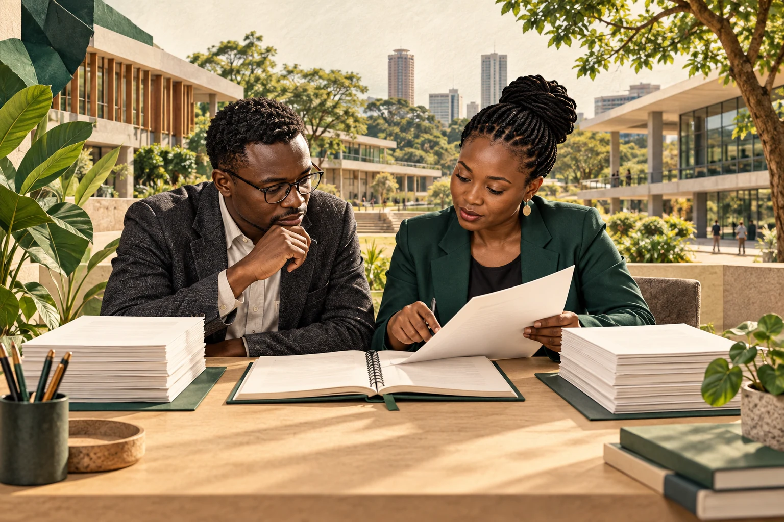 Two Kenyan researchers compare project documents and conference evidence at a campus desk.