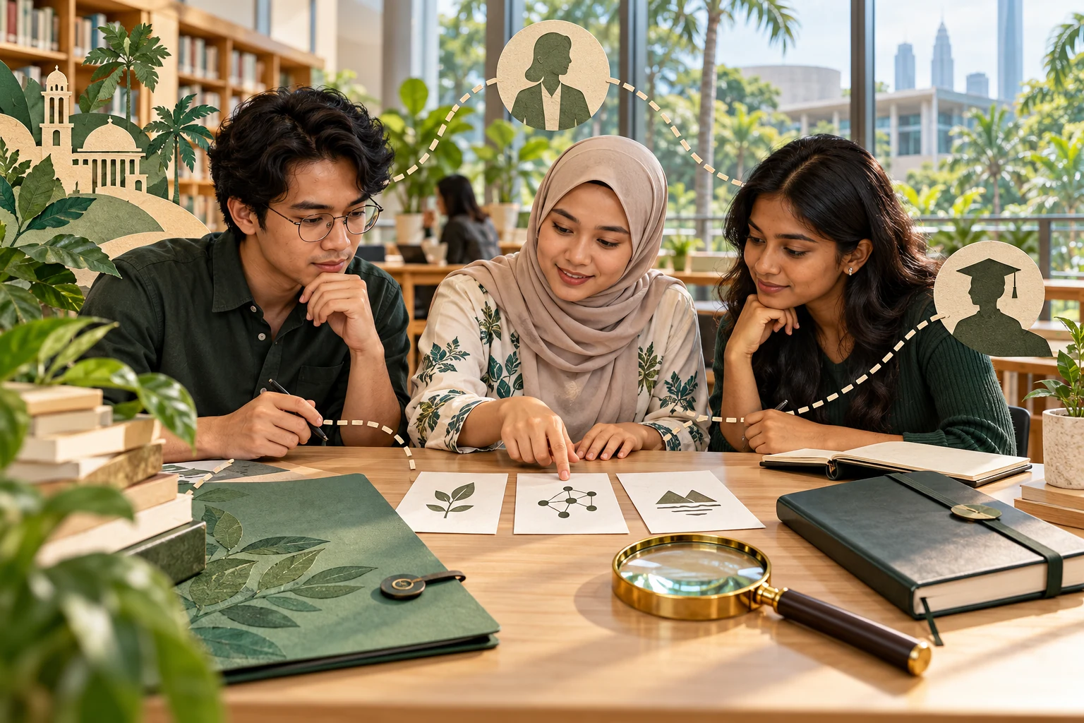 A Malaysian research team reviews a shortlist together in a contemporary library.