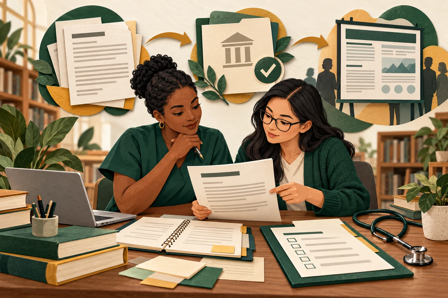 Two nursing researchers review an abstract draft and study records at a library table.
