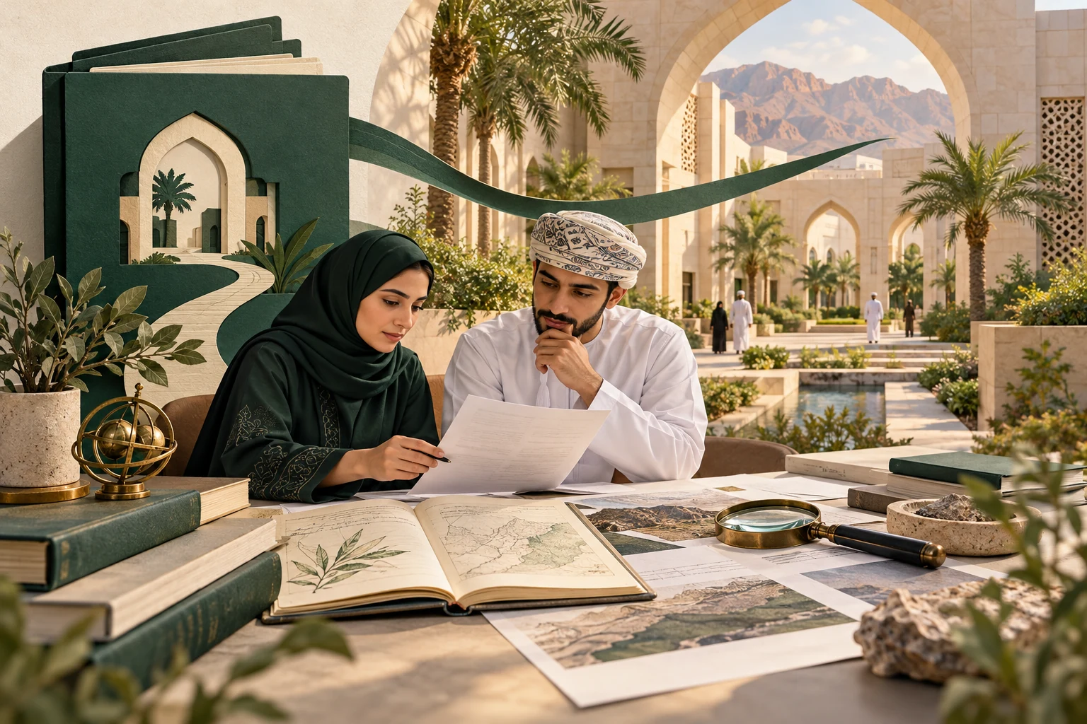 Two researchers review source documents in a fictional Omani university courtyard.