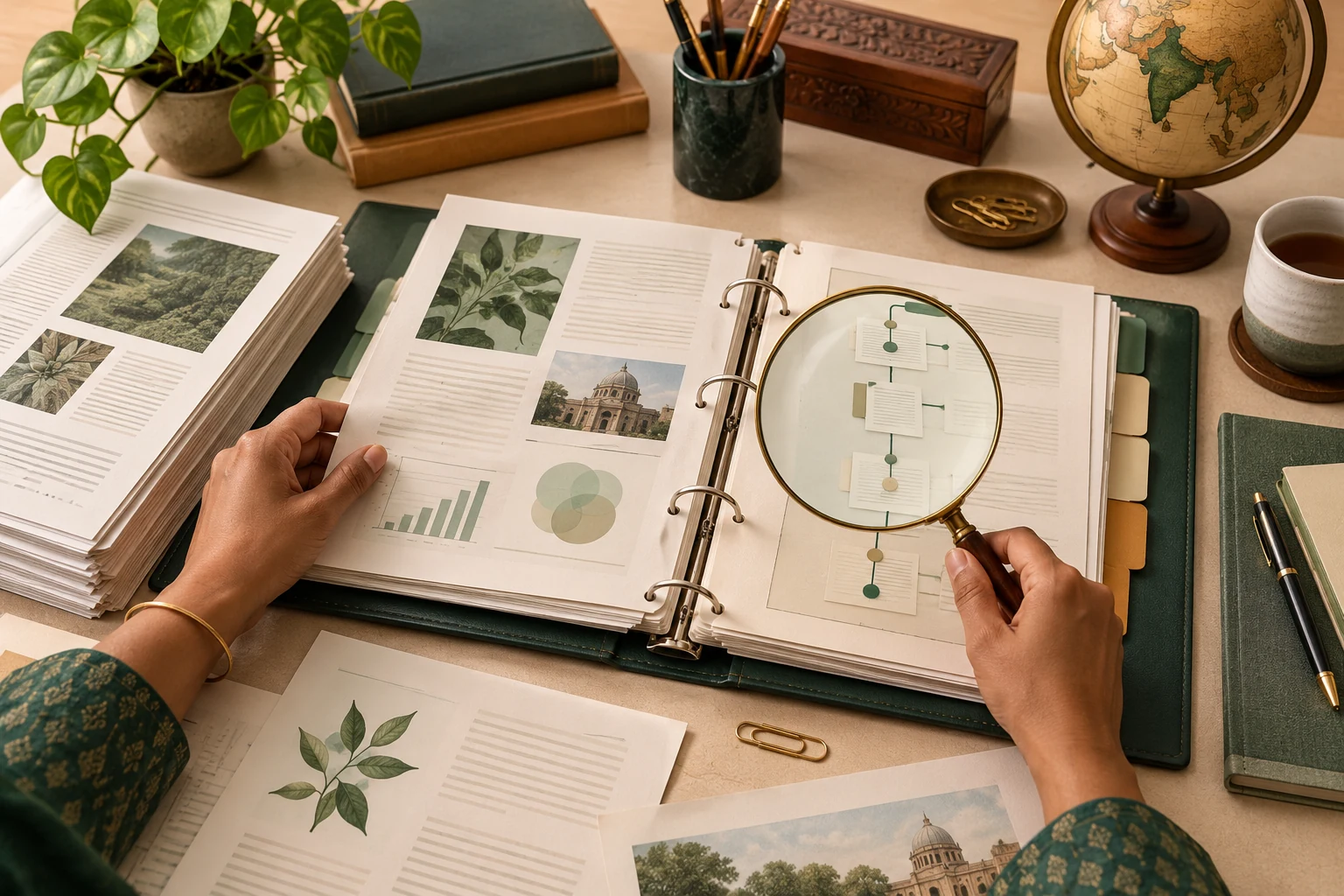 Hands organising papers and a tabbed faculty evidence portfolio beside a magnifying glass.