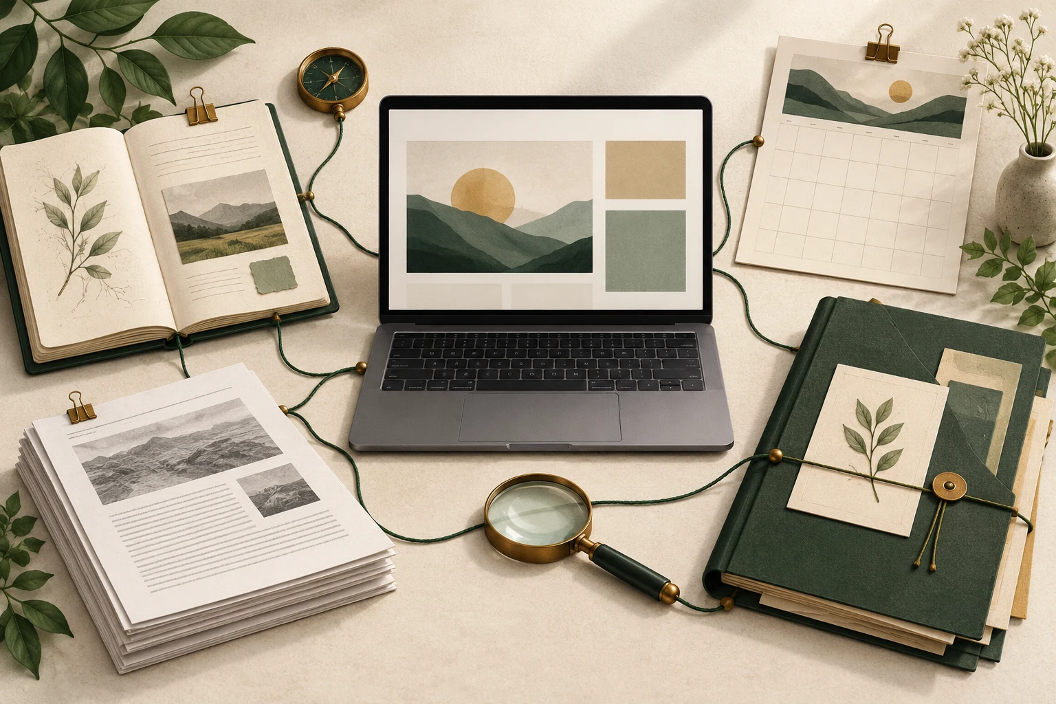 A laptop, research notebook, calendar and evidence folder connected by green threads.