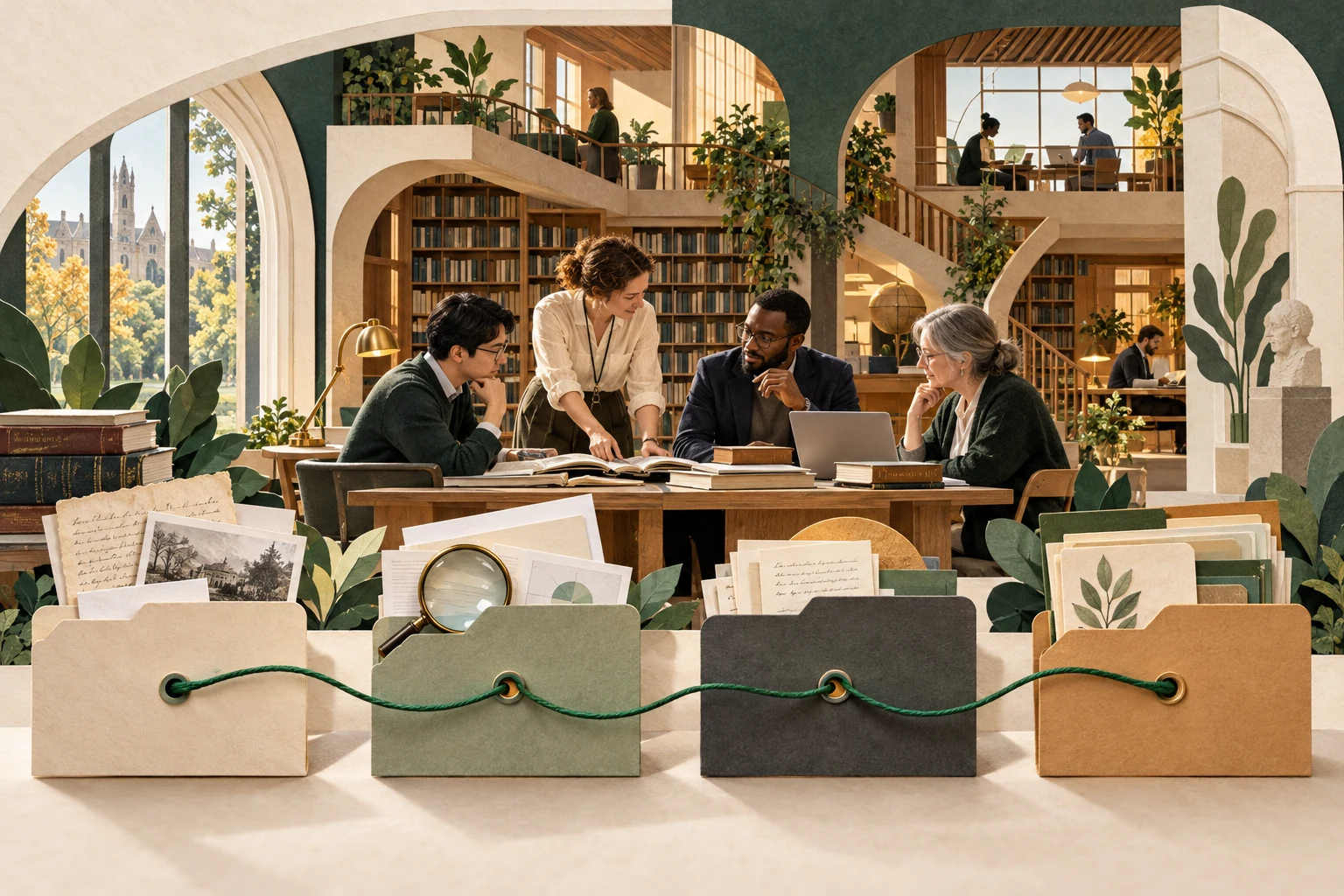 A library team reviews research opportunities behind four connected evidence folders.