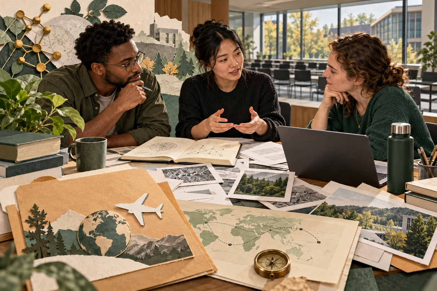Three researchers discuss source papers and travel plans at a contemporary university table.